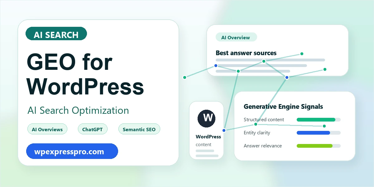 GEO for WordPress AI search optimization featured image with AI Overviews and generative engine signals